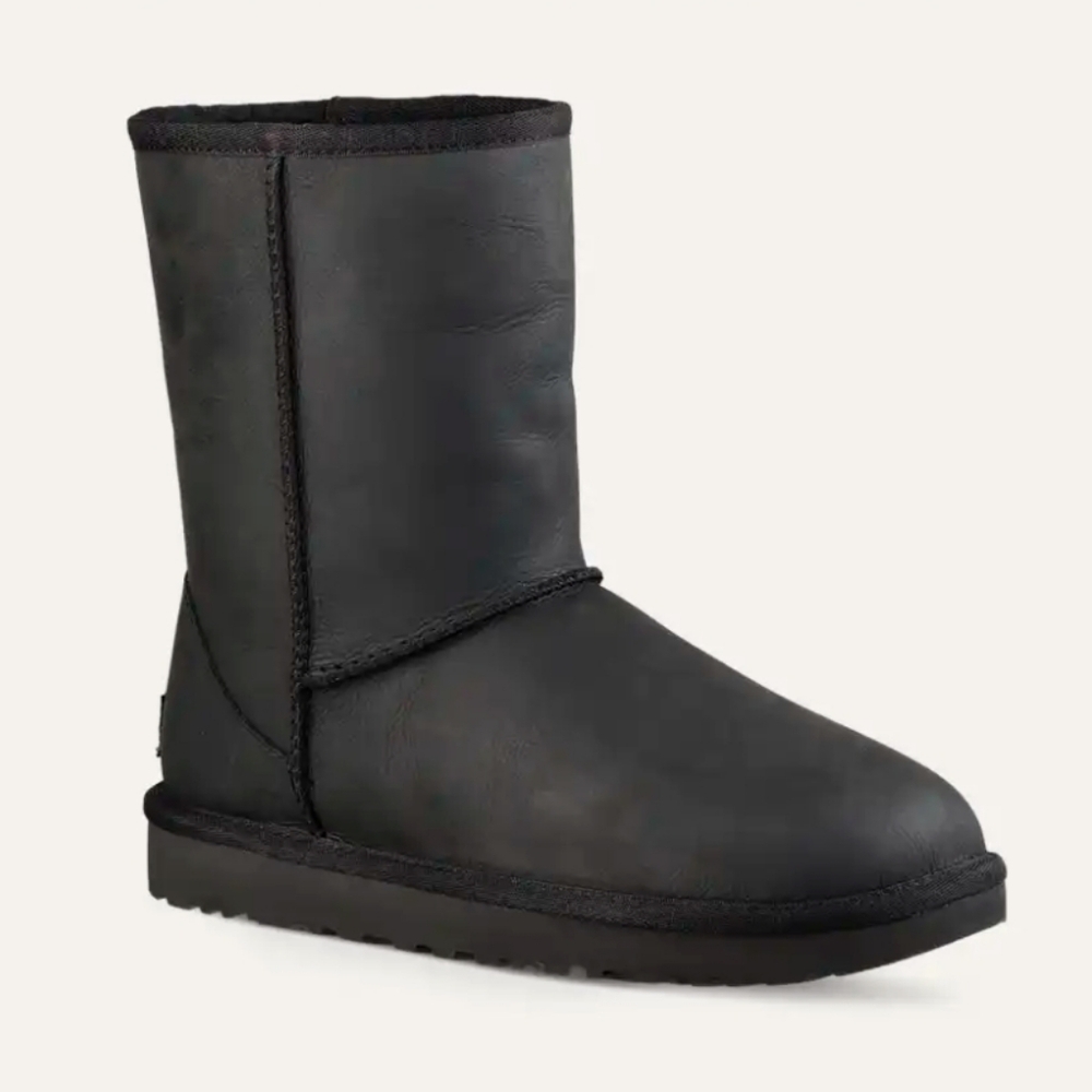 UGG Classic Short Leather Black Boots, Size 7 - Picture 2 of 10